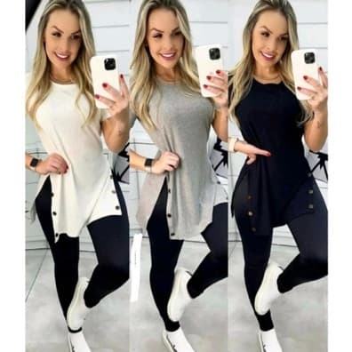 Blusa feminina viscolaycra e canelada com fendas tapa bumbum manga curta