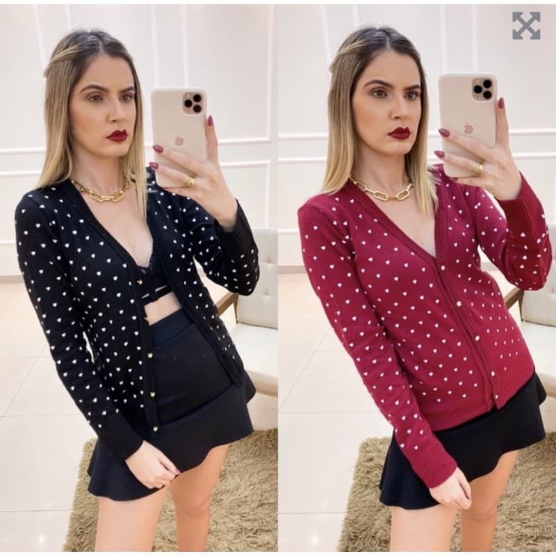 Blusa De Frio Feminino Cardigan Lã Tricô Com Bortão Estampado De Coração E Bolinha