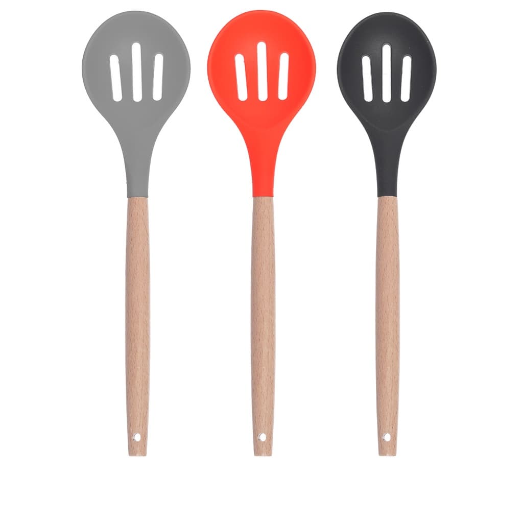 Colher Perfurada Em Silicone Com Cabo De Bambu 32cm