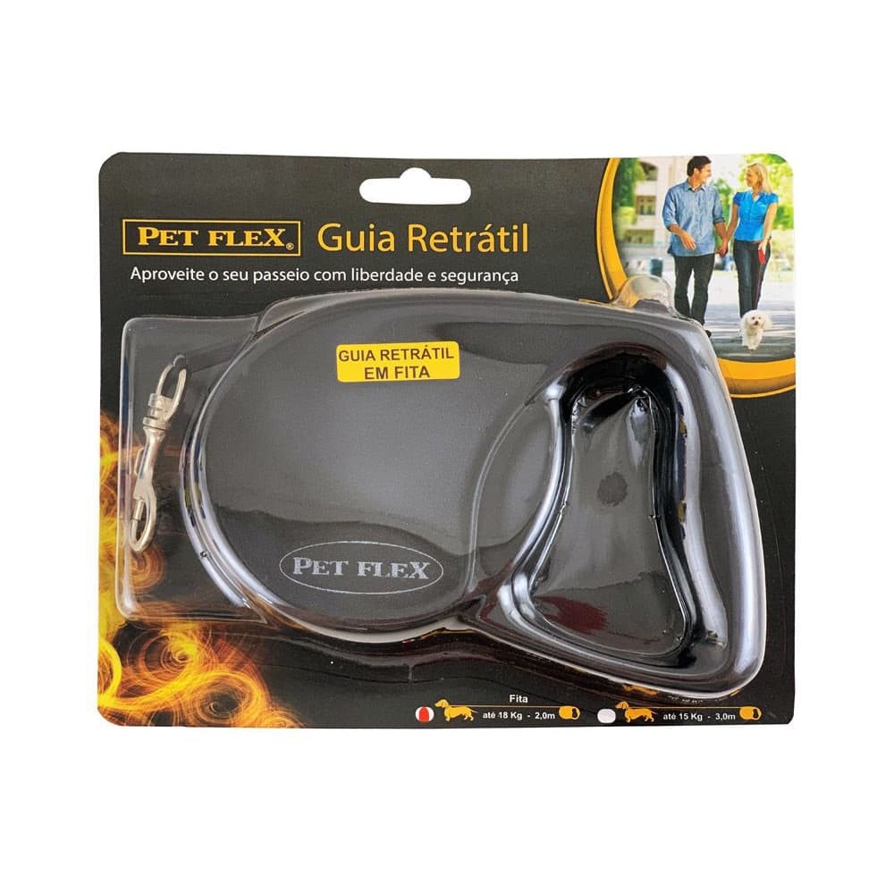 Guia Retrátil para cachorro com Fita 2 metros até 18KG - Guia Extensível e recolhível para cães Pet Flex Preta