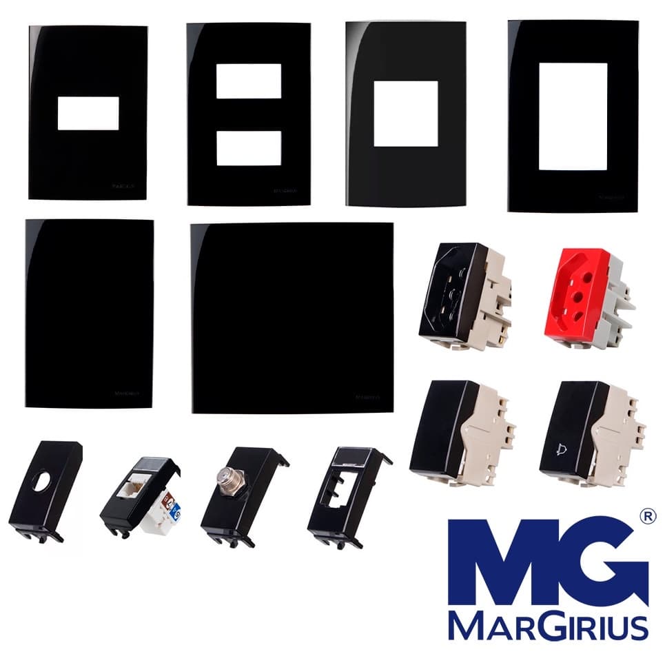 Tomada Interruptor Margirius Sleek Preta Black Brilhante