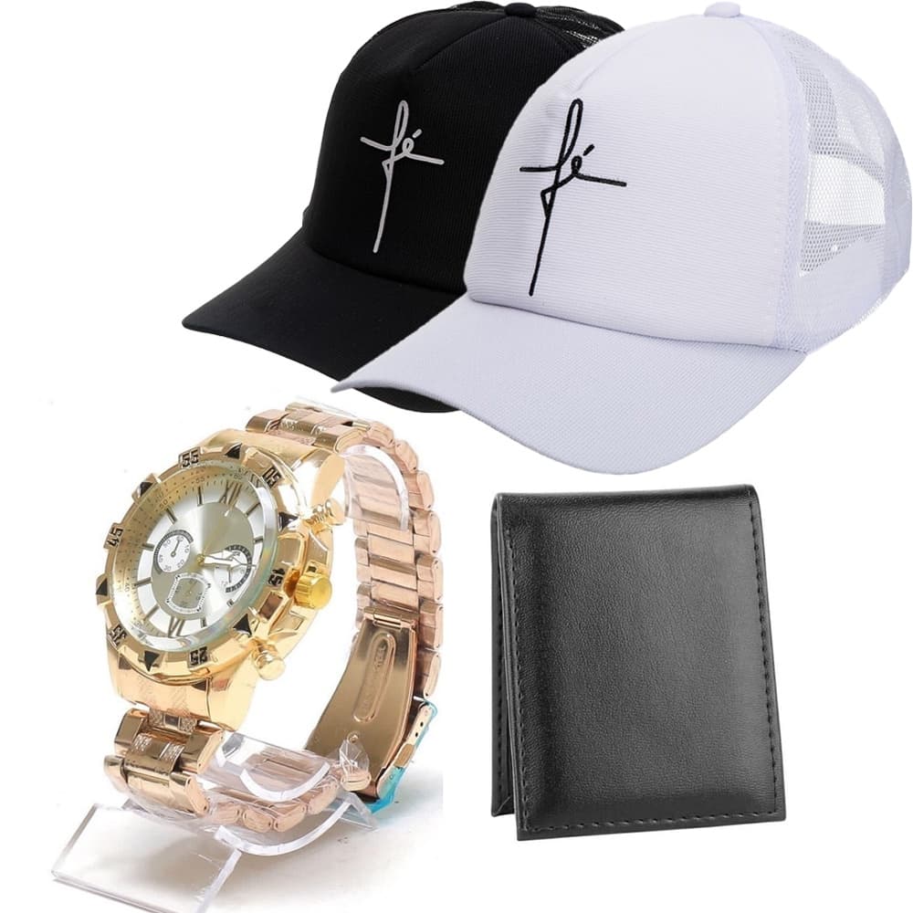 Kit Masculino Presente Relogio Aço masculino dourado+ bone Fé grife + carteira de couro 2025 Só Hoje