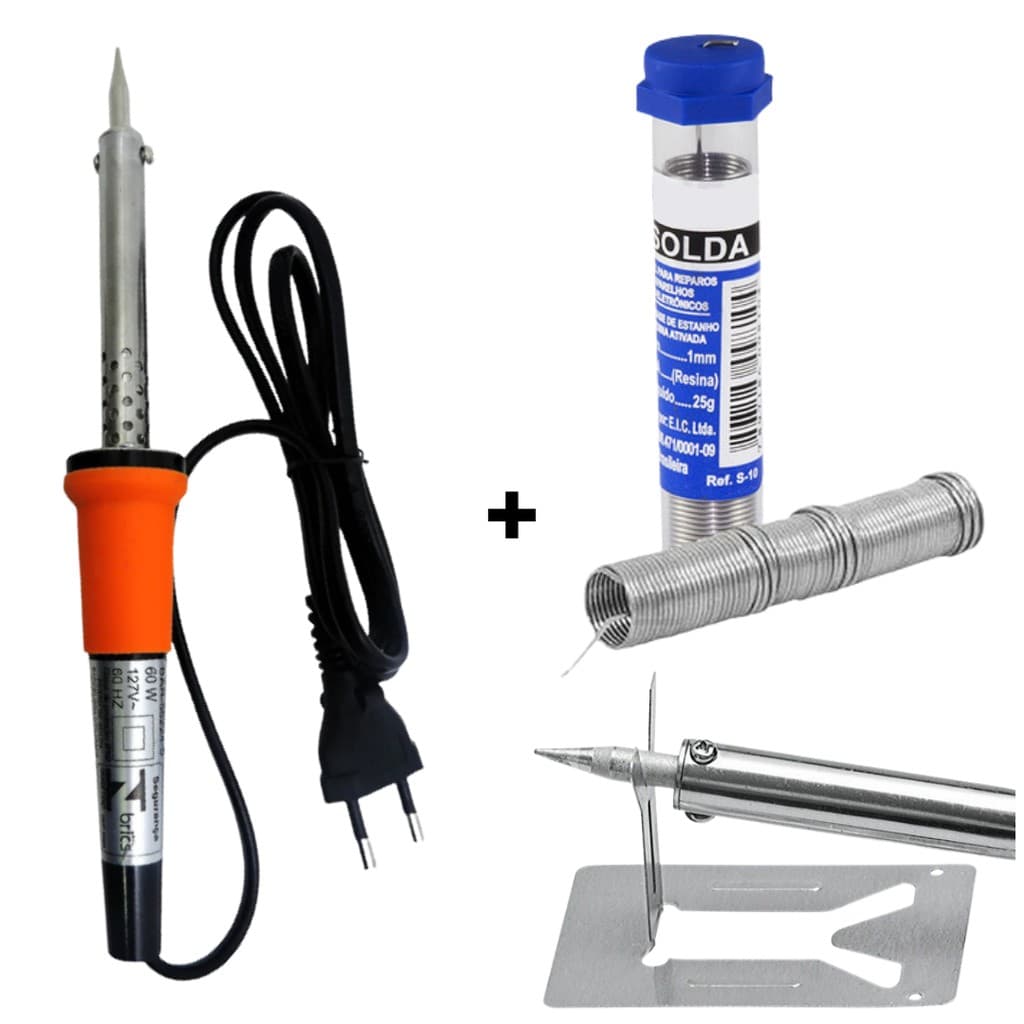 Kit Ferro De Solda Soldar Soldador 60w Estanho + Suporte Inmetro