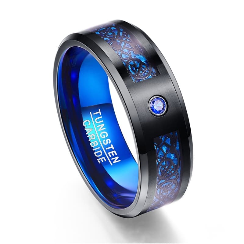 Anel Masculino Preto E Azul Dragão Diamante Cz Tungstênio
