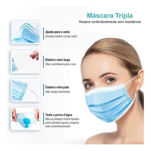 Máscara tripla escartável   De Proteção Facial  C/ 50 Pçs Azul mais vendido