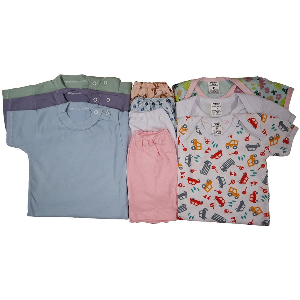 Body Bebê + Shorts Liso E Camiseta Kit C/10 Peças Verão