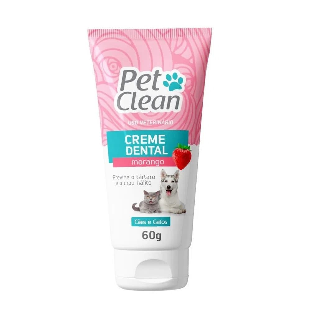 Creme Dental Pet Clean 60 Gramas Sabor Morango é uma ótima opção para a higiene bucal cães e gatos