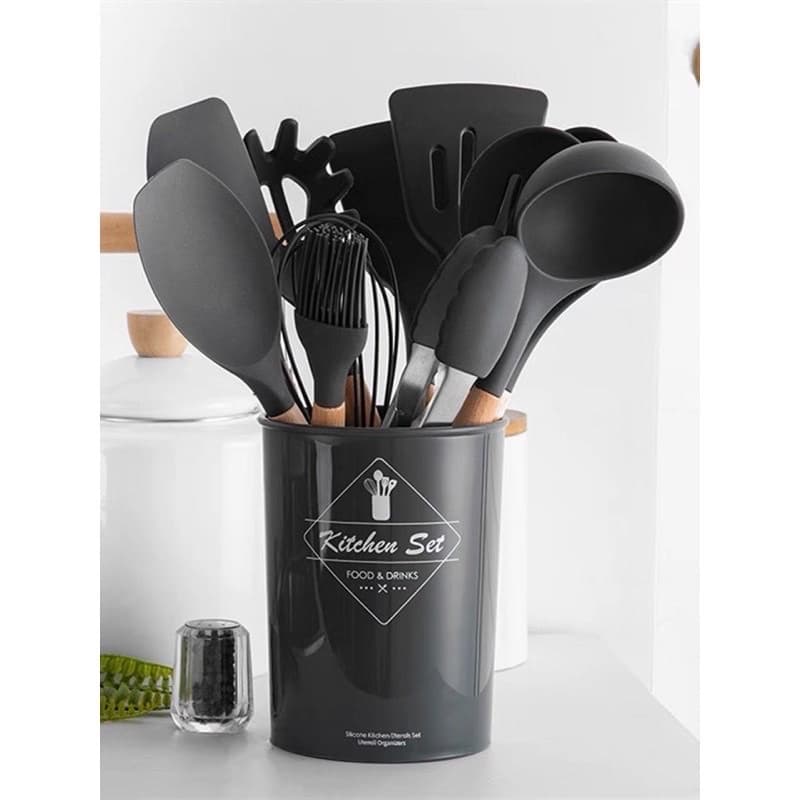 kit utensílios com 12 peças de silicone + madeira em alta qualidade(11 conchas + 1 porta talheres=12 peças)