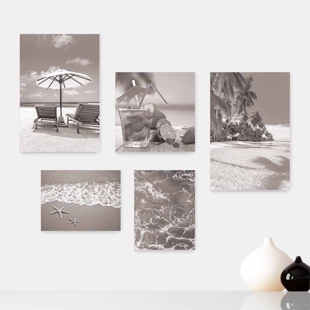 Kit 5 Quadros Decorativos Placas - Praia Mar Natureza Paisagem Mundo Casa Quarto Sala Preto e Branco - 347ktpl5