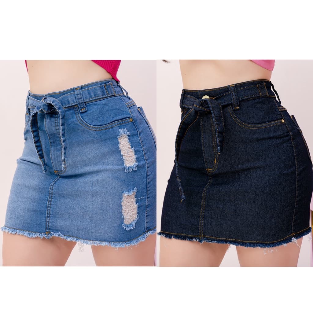 Saia Jeans Feminina Cintura Alta Com Lycra e Levanta Bumbum Acompanha Cinto Moda Gringa
