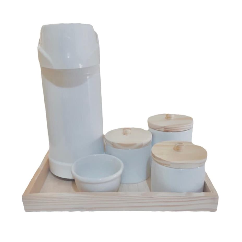 Kit Higiene Bebê Porcelana Branco Gelo com Puxador Bandeja Retangular 6 Peças Garrafa Térmica Grande Potes