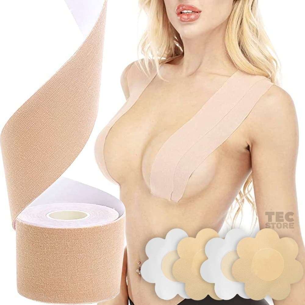 2 Sutiãs Adesivos Levanta Peito Seios Fita Invisível 3D + Protetor de Mamilos de Tecido