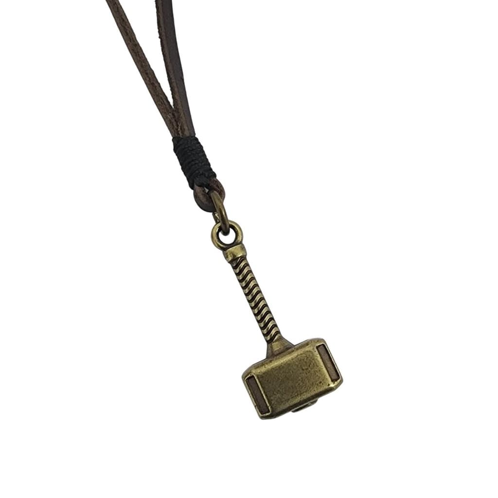 Colar masculino cordao de couro marrom natural com pingente martelo de Thor