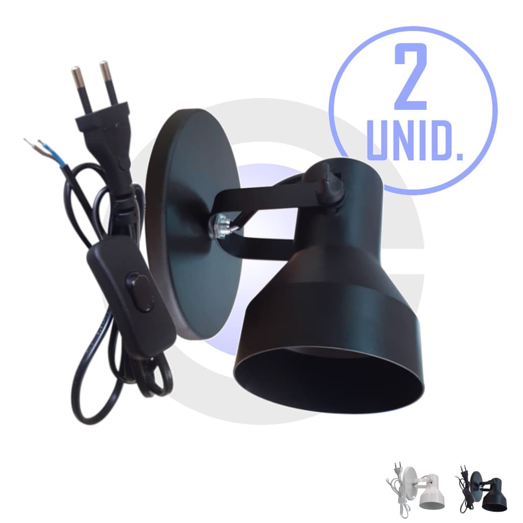 Kit 2 Arandela Luminaria Parede c/Tomada e Interruptor p/LED Bulbo PAR20 E27 Bivolt Direcionavel