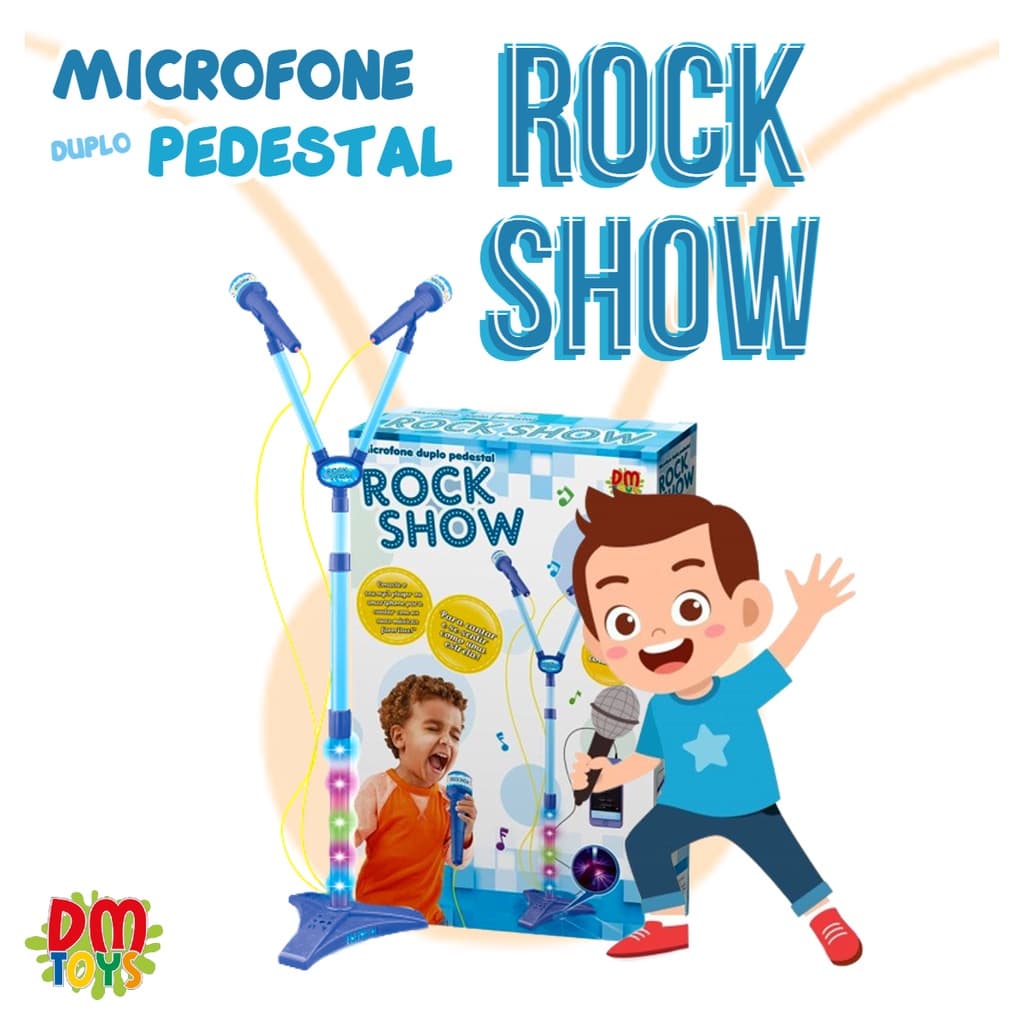 Microfone Duplo Azul Infantil Pedestal Luz Conecta Celular