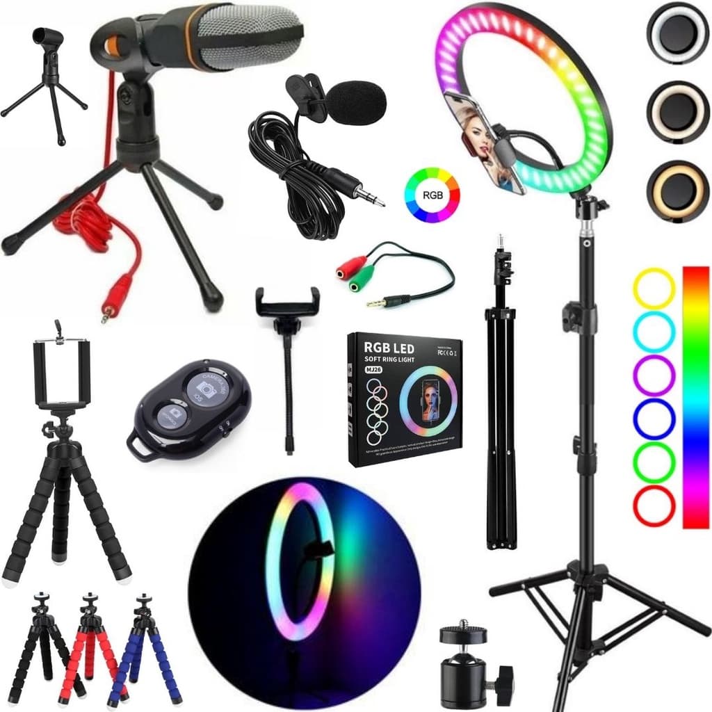 Kit Youtuber Ring Light Luz Rgb Colorida Tripé 2m + Microfone Condensador Profissional
