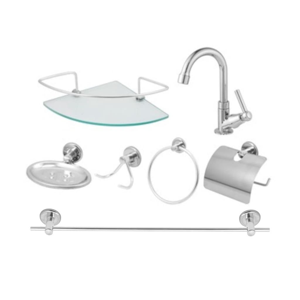 Kit Acessório Para Banheiro Aço Inox 7 Peças Com Porta Shampoo Canto e Torneira abs