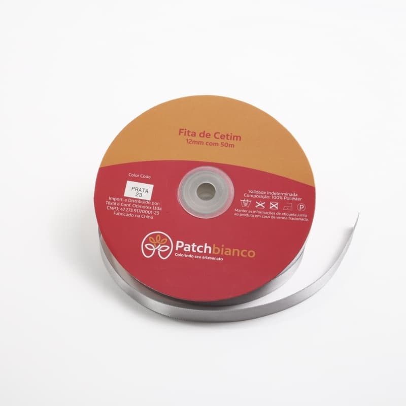 Fita de Cetim Prata - 12mm - Rolo Com 50 Metros