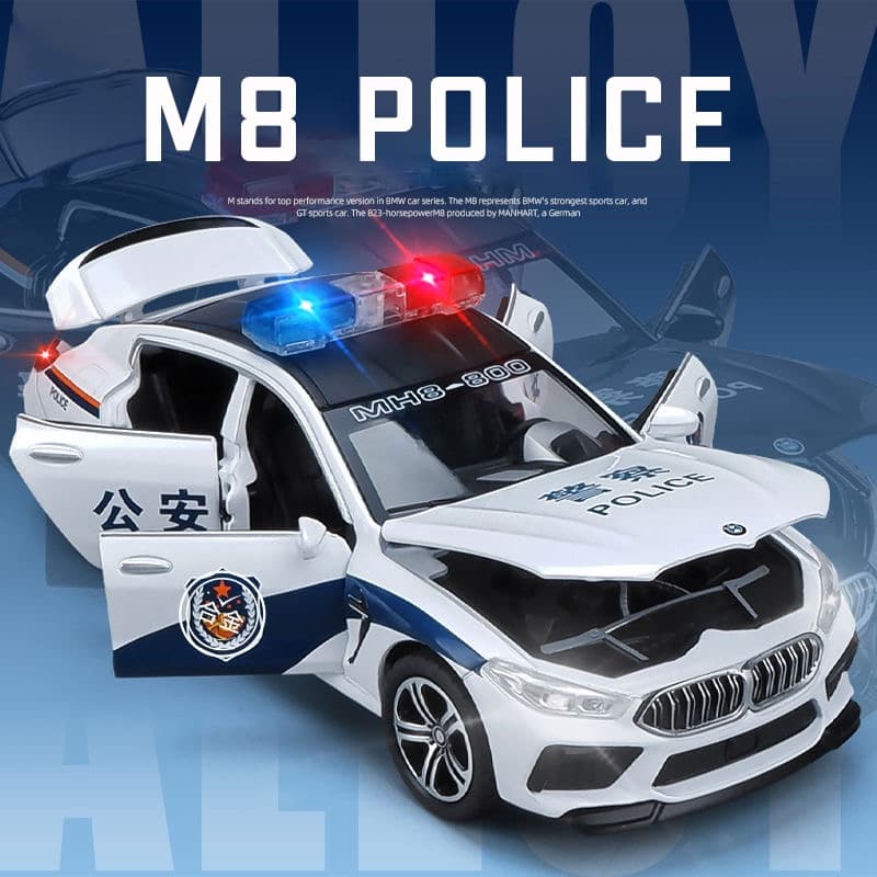 1 : 32 Escala BMW M8 Modelo De Carro De Liga De Polícia Diecast Som Luz Pull Back Car Lovers Collection Kids Birthday Gift Metal Boys Toys