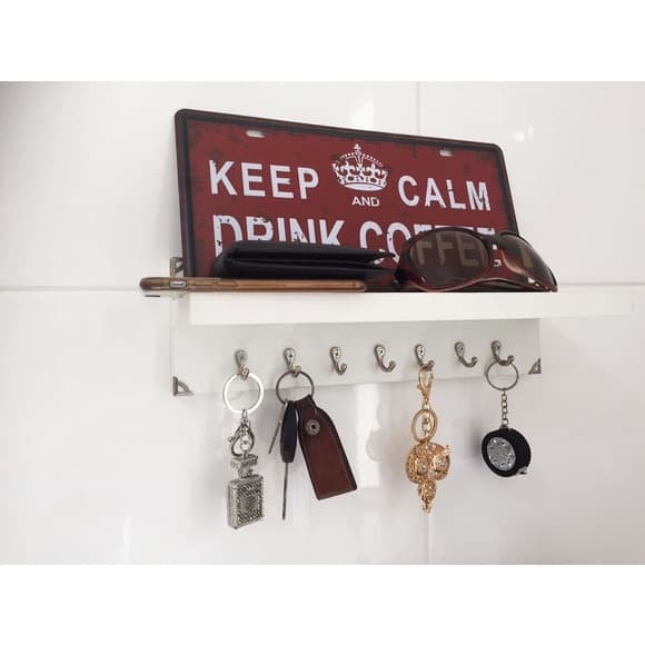 Porta chaves com prateleira mdf branco com ganchos prateado sala hall decoração porta colar bolsa