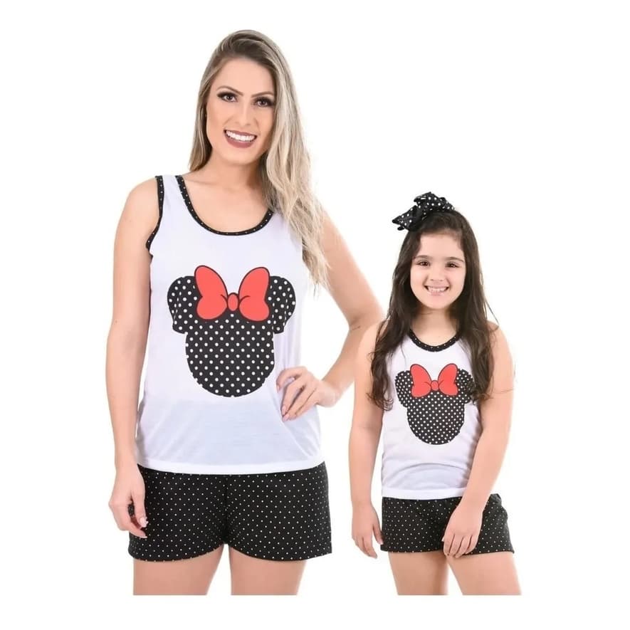 Kit 3 Pijama Curto 1 Mãe E 2 Filha Baby Doll Minnie Verão Moda Feminina Promoção Preto