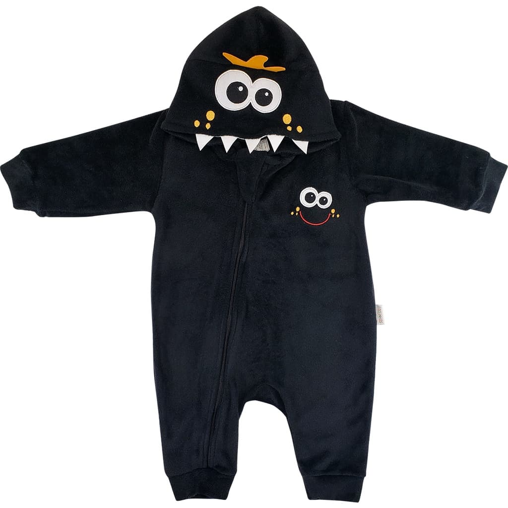 Macacão Bebê Plush Capuz Fantasia Bordado Monstrinho Menino Inverno Algodão