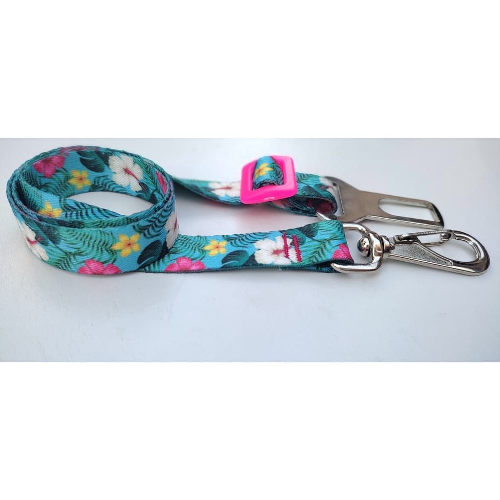 Cinto de Segurança para Cães - Verde floral com rosa