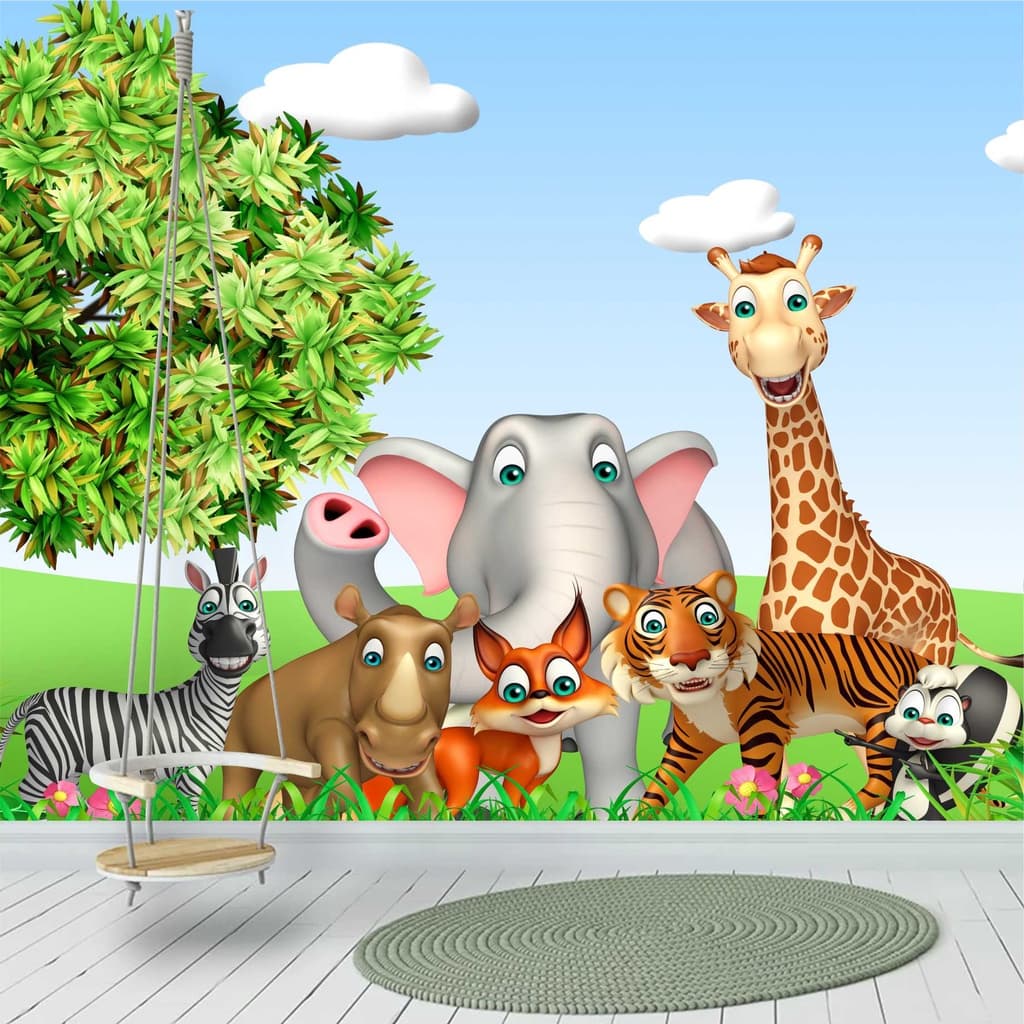 Papel De Parede Infantil Zoo Girafa Safari Floresta Elefante Painel Adesivo Gg934