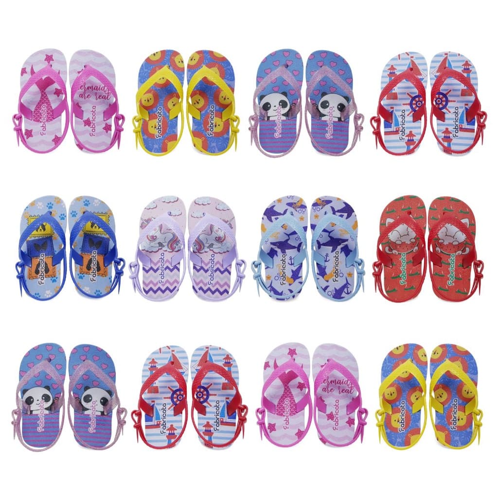 Kit 12 Pares Chinelo Sandália Papete Infantil Bebê Estampado Com Elástico Menina Menino Revenda K39