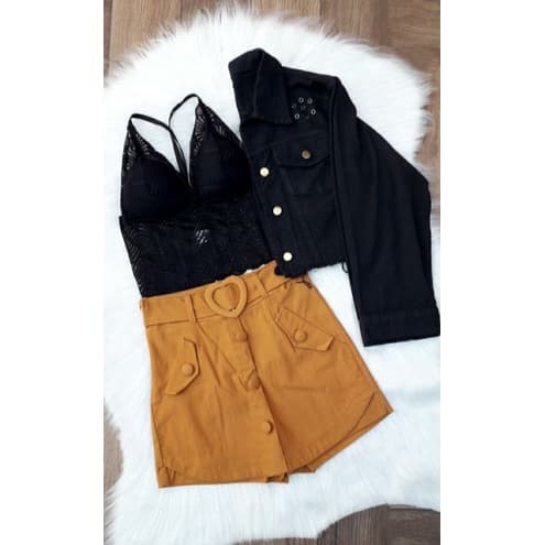 Conjunto 3 Peças Feminino com Jaqueta Jeans + Cropped Renda + Saia Short