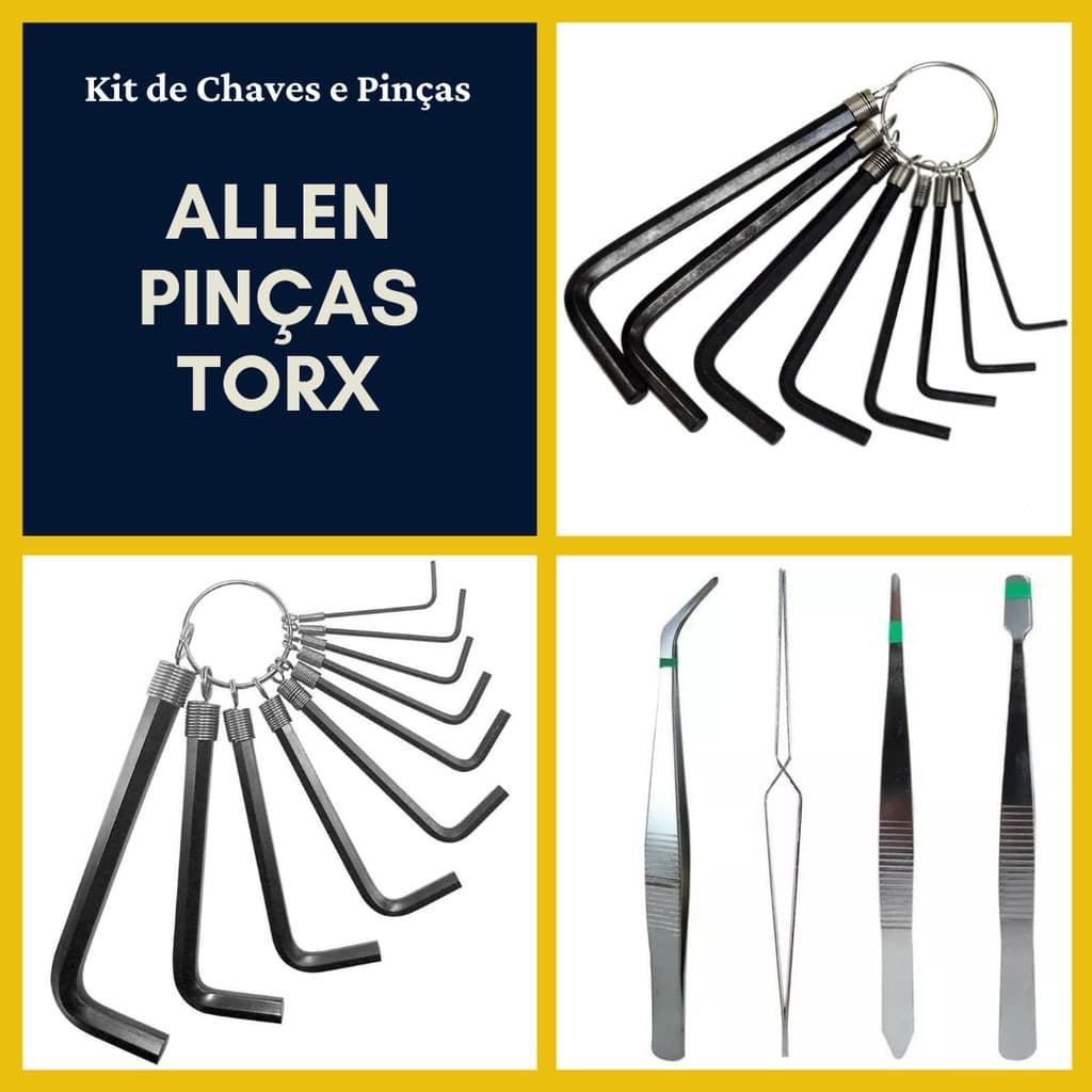 Kit Jogo de Chave Allen  Jogo com 8 Chaves Torx 1,5mm a 8,0mm e Jogo 4 Pinças - Ferramenta