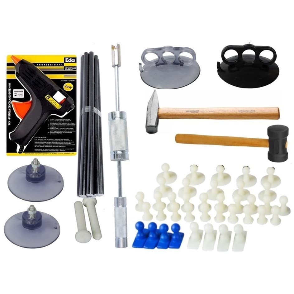 Repuxadeira em aço + Pistola Cola Quente + Ventosas + Martelos - Kit Martelinho De Ouro c/ 54 Pçs
