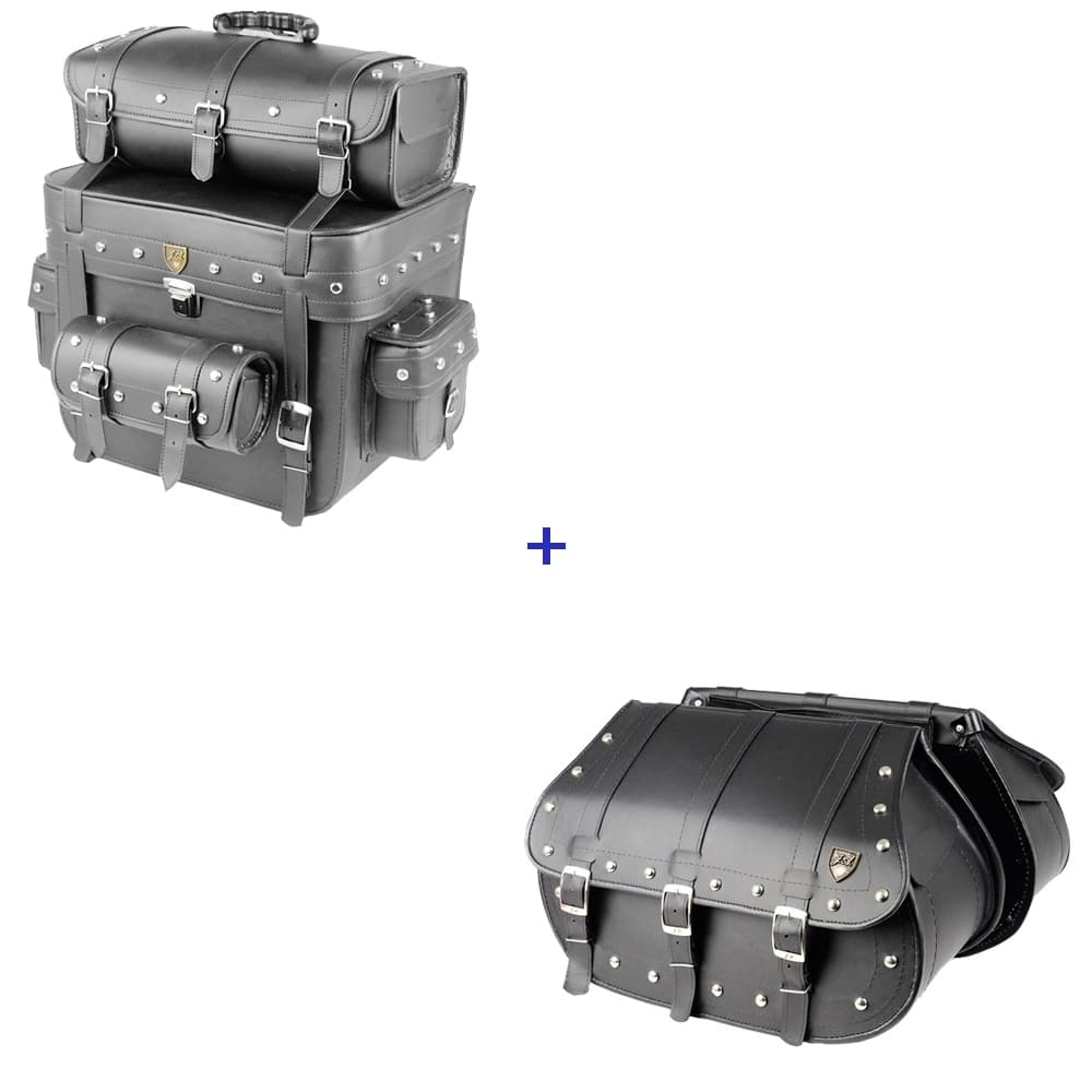 Kit Viagem Alforge Traseiro 62 Litros C/ Chave Tranca Couro Sintético C/ Cravos + Alforge Lateral 3F 40 Litros Couro
