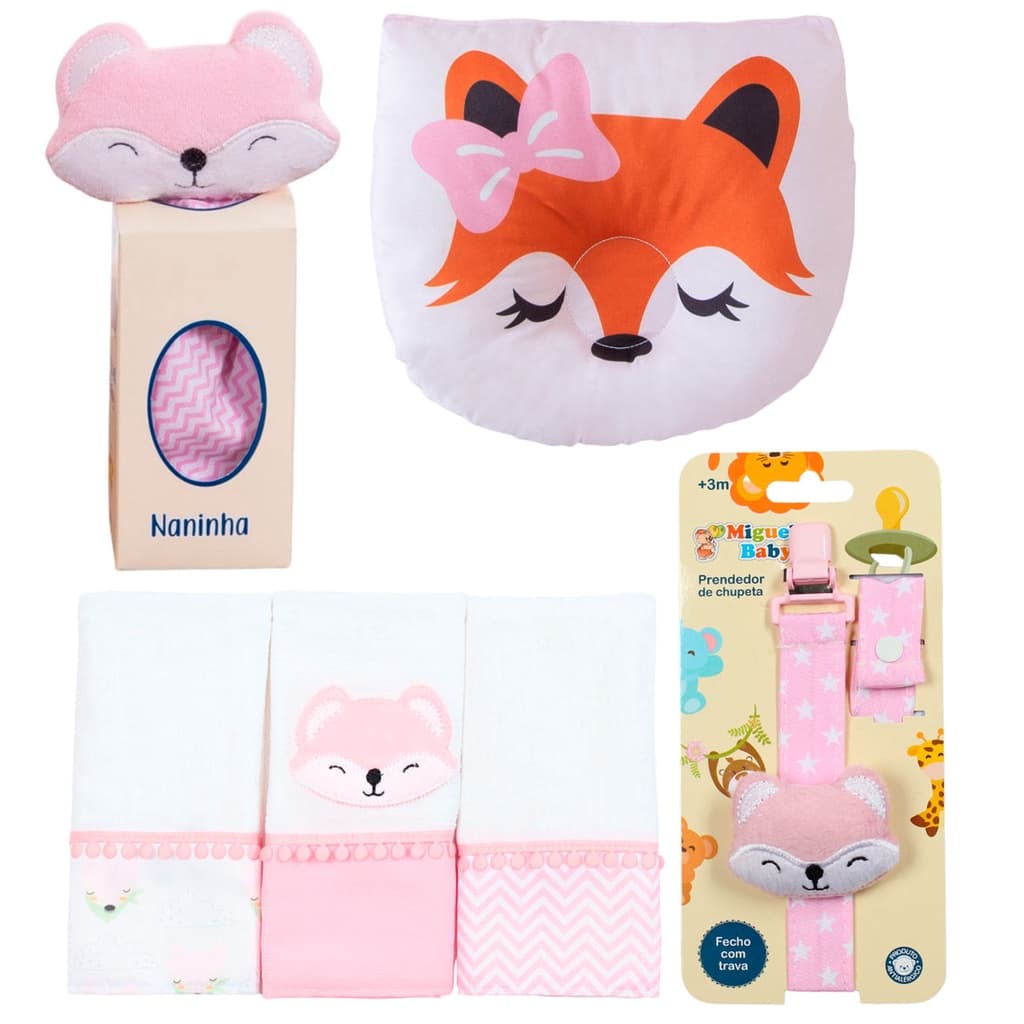 Naninha + Prendedor de chupeta + Fralda de Boca + Travesseiro Anatômico Raposa Rosa
