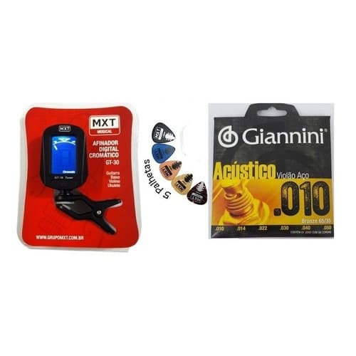 Afinador Digital Clip Para Violão+ Kit Encordoamento Aço