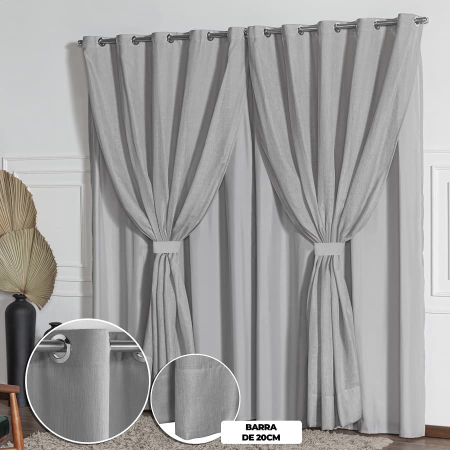 Cortina Sofisticada em Linho Flame Gaze de Linho Com Forro Quarto Sala 4,00x2,50 P/ Varão de Até 3m - Cinza