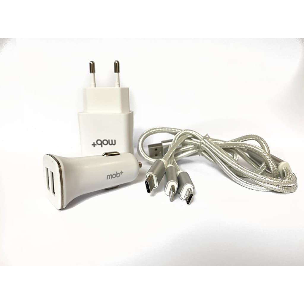 KIT c/ cabo 3em1 (MicroUSB, USB-C e Lightning), Car. veicular 2xUSB, Car de parede 3xUSB