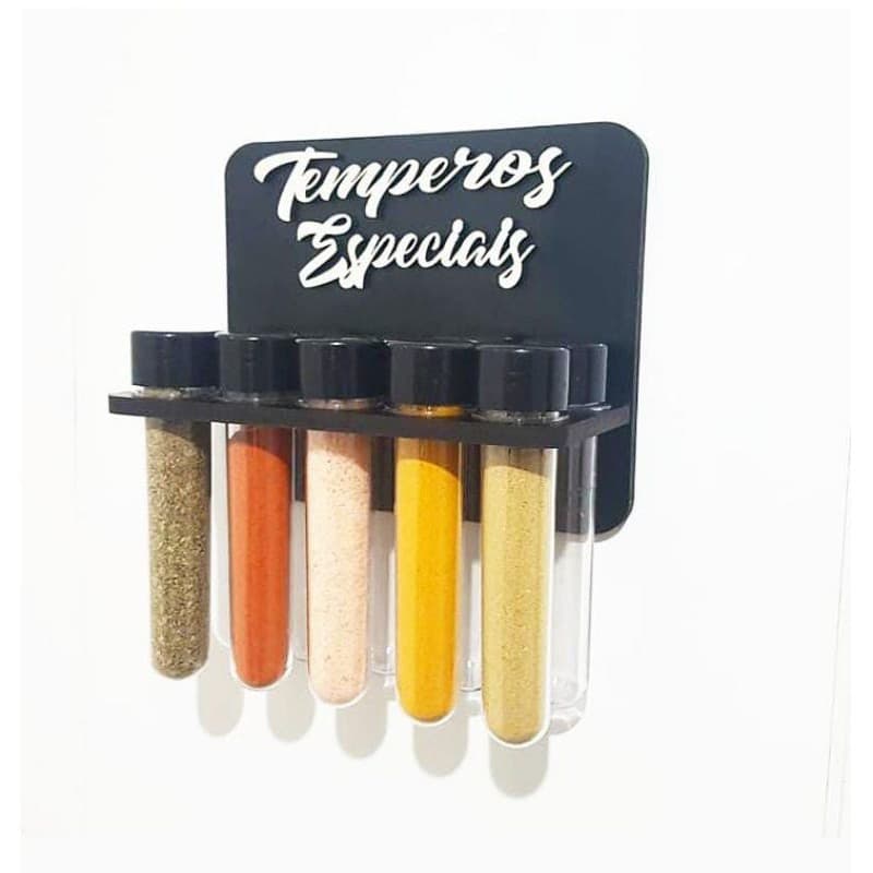 Suporte para temperos com 10 ou 5 tubetes de acrílico tampa no cor preto + Brinde