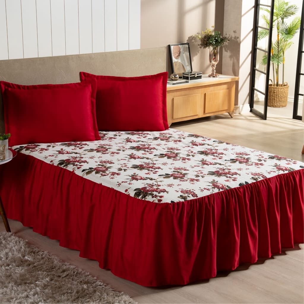 Colcha Casal Padrão Estampado Bella Vida 3 Peças C/ Babado Luxo