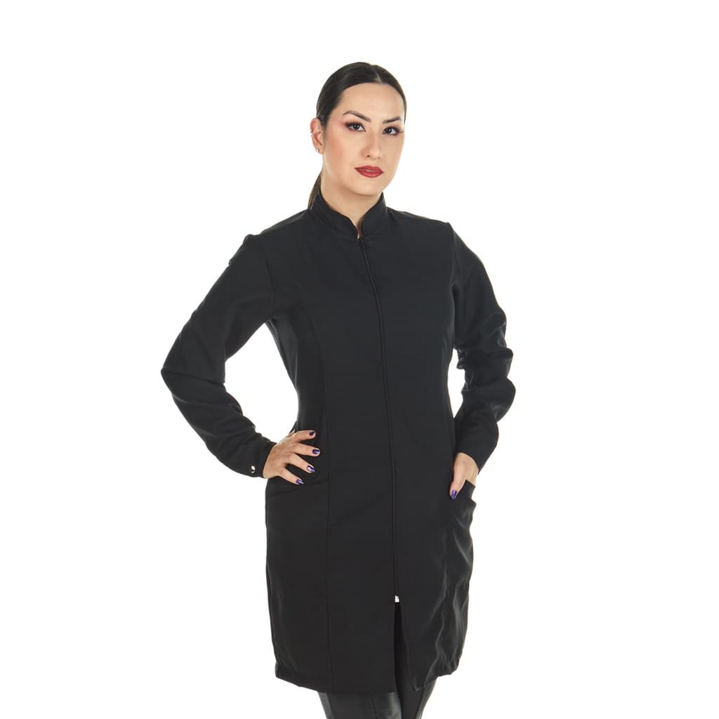 Jaleco Feminino Oxford Acinturado Zíper Manga Longa Preto Esteticista Profissional Salão de Beleza