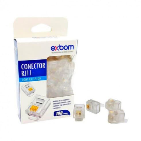 Conector RJ11 4P4C Para PABX e Linha Convencional Banhado a Ouro 100 Unidades
