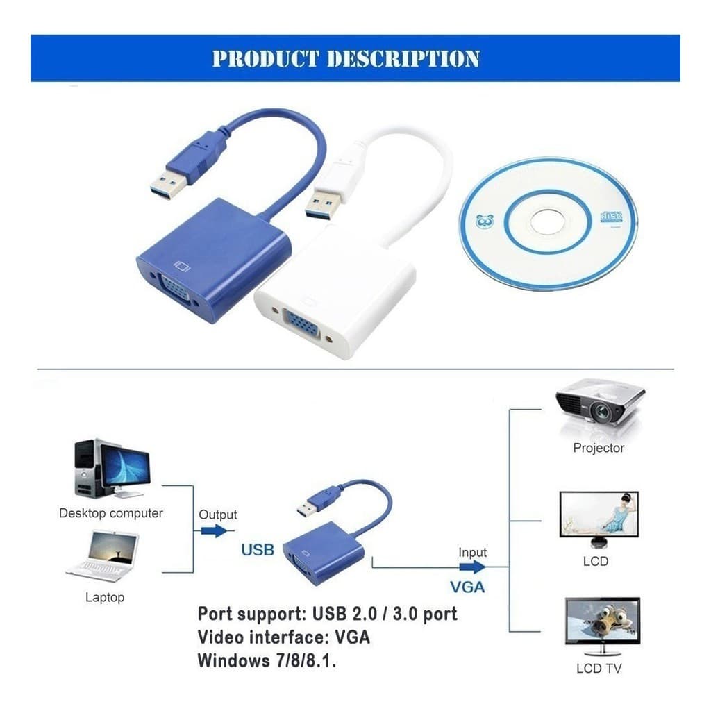 CABO ADAPTADOR CONVERSOR USB 3.0 2.0 PARA VGA ATÉ 1920 X1080
