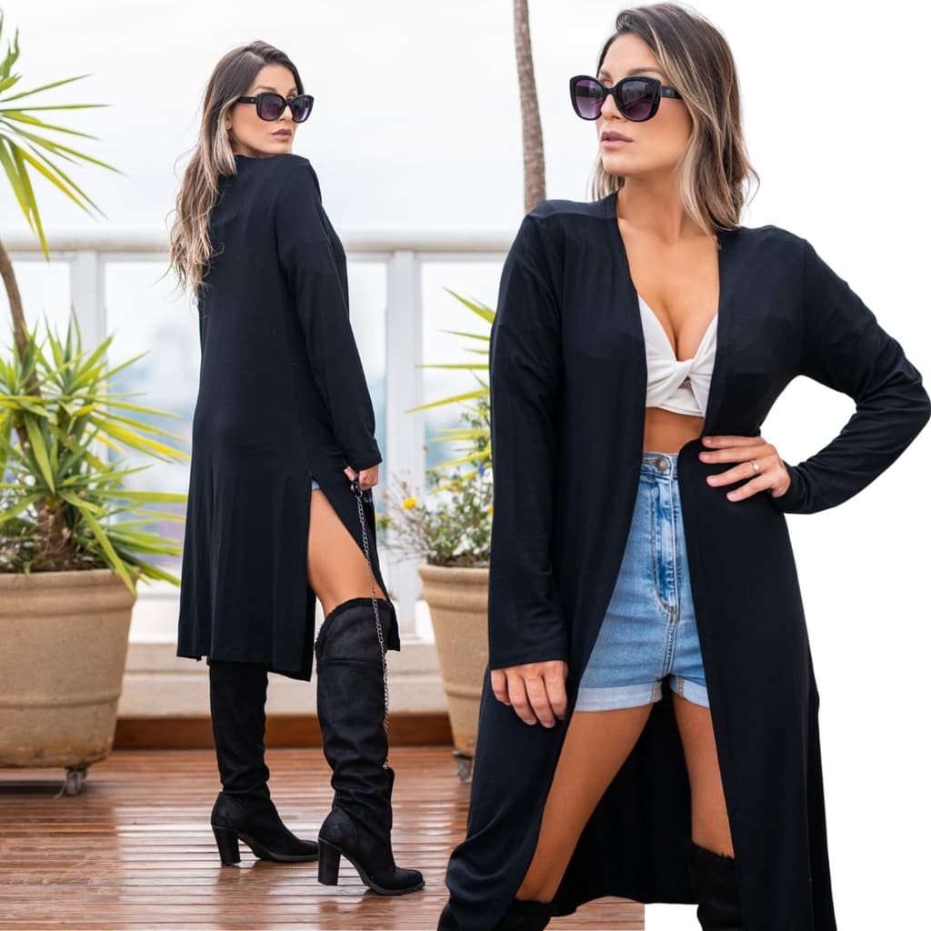 Casaco Longo Feminino Sobretudo Básico Alongado Manga Longa Moda Feminina