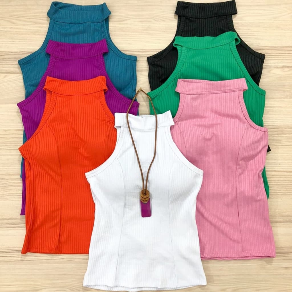 Blusa Regatinha Feminina Canelada com Bojo Moda Regata Básica Várias Cores Tendência para Dia a Dia