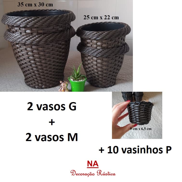 2 Vaso G + 2 vasos M + 10 vasinhos P planta jardim jardinagem prato argila fibra sintetica flor orquidea dracena coqueiro marrom escuro