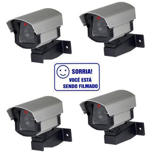 Kit 4 Câmeras De Segurança Falsa Com Led + 4 Placas de Aviso Sorria