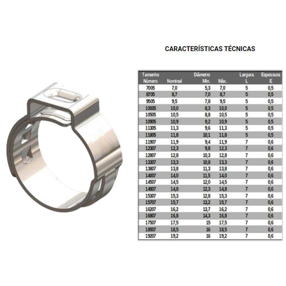 Abraçadeira aperto radial 7x13,2x15,7mm aço inoxidável 5 Unidades