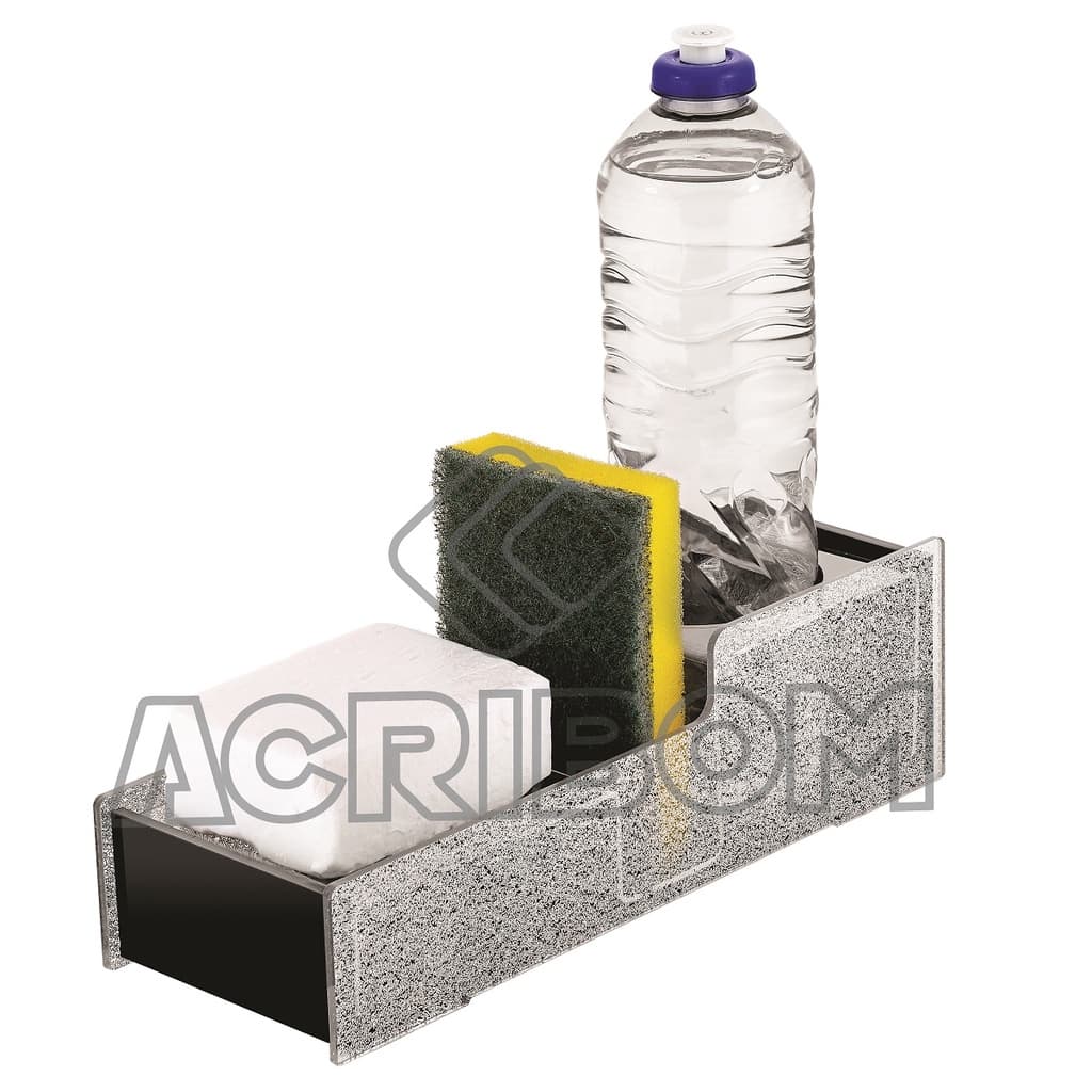 Porta Detergente / Suporte Para Sabão Bucha Esponja Organizador de Pia Cozinha Acrílico Preto / Glitter - Acribom