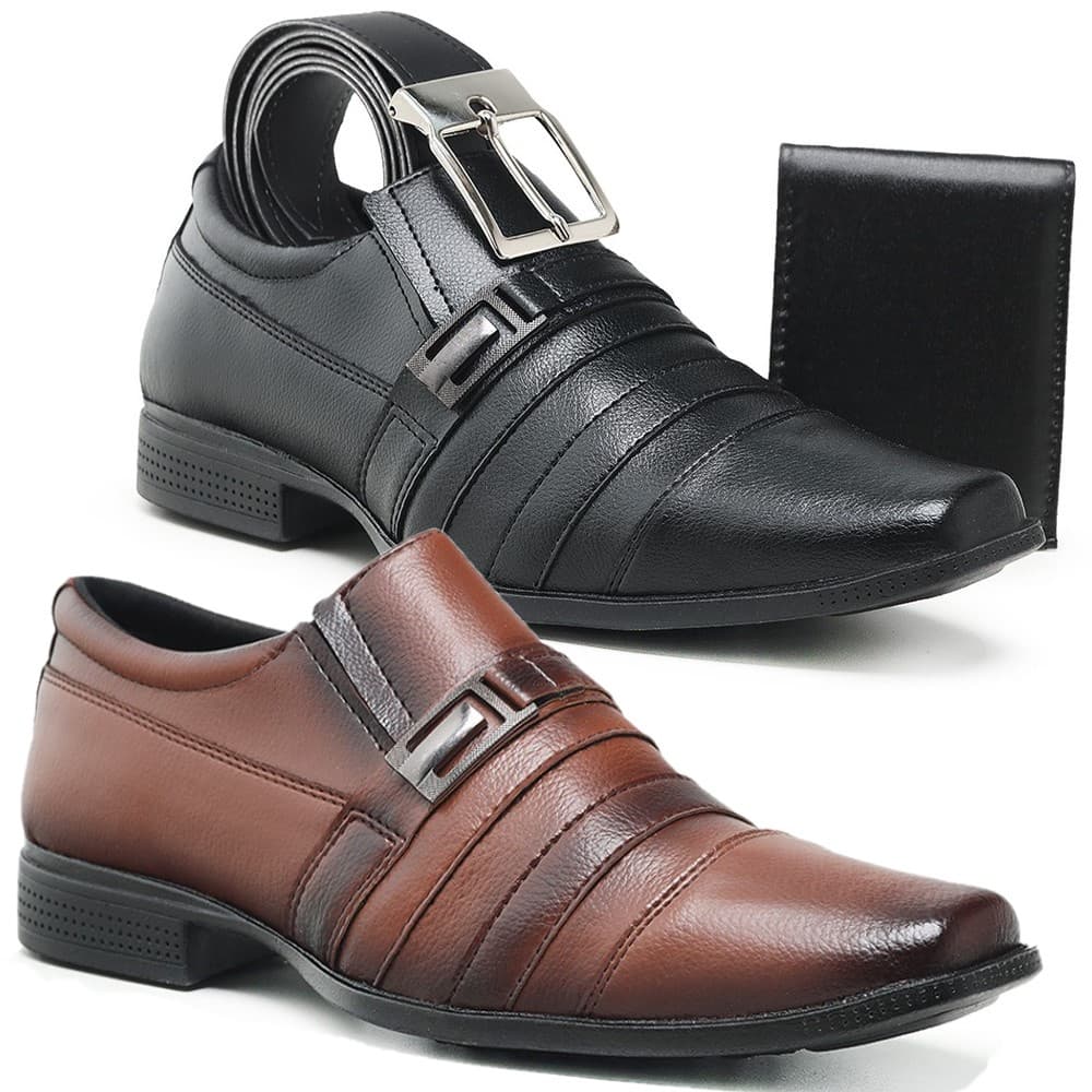 Sapato Social Masculino Formal Elegante para Dia a Dia Sapato Trabalho  2 Pares com Carteira e Cinto DIRETO DA FÁBRICA