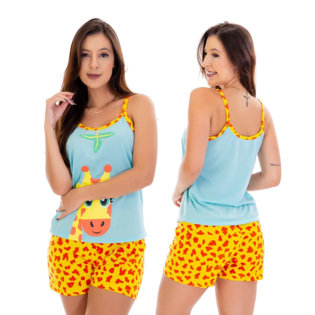 Baby Doll Girafa Pijama Curto Verão Short Animal Print Pijama Camisete Rosa Feminino Promoção 325